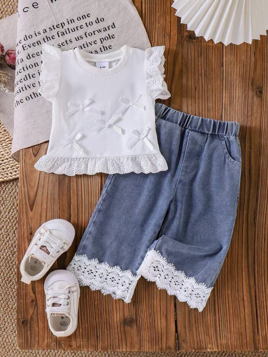 Toddler And Baby Girl White With Denim Trouser 2pcs