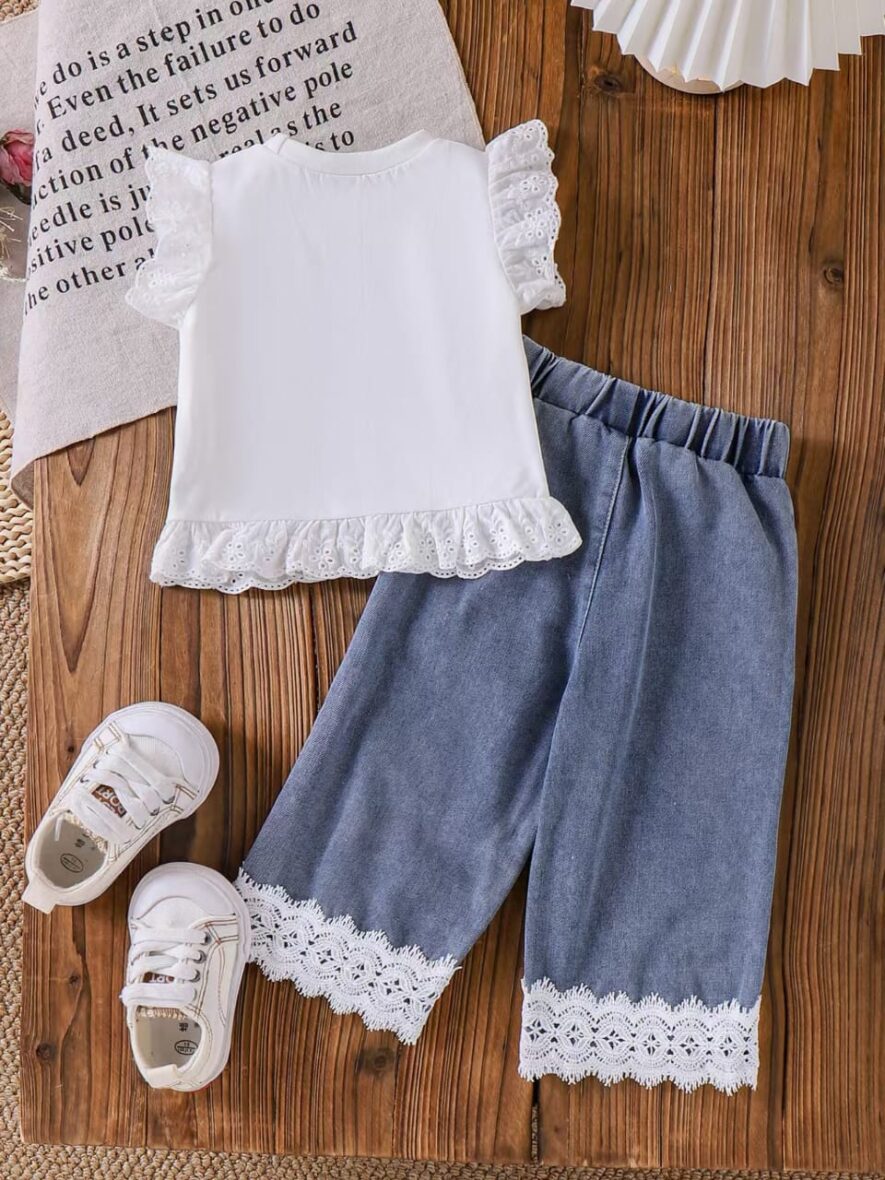 Toddler And Baby Girl White With Denim Trouser 2pcs (2)