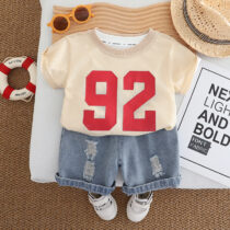 Toddler Boy 92 Cream Tee Shirt With White Inner Tee And Denim Short 3pcs