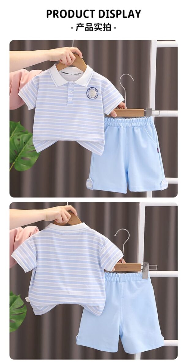 Toddler Boy Collar Neck Stripe Polo With Sky Blue Short 2pcs