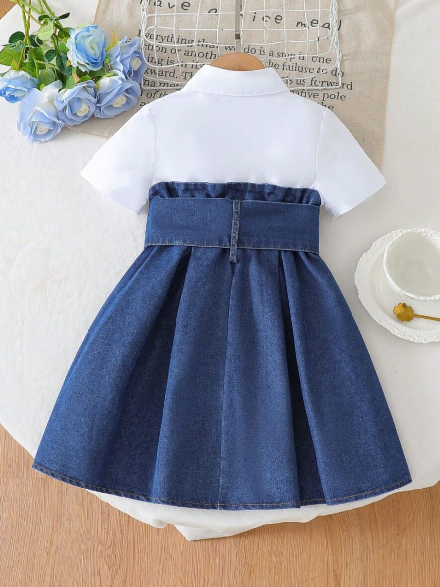 Toddler Girl Collar White Mix Denim Dress (2)