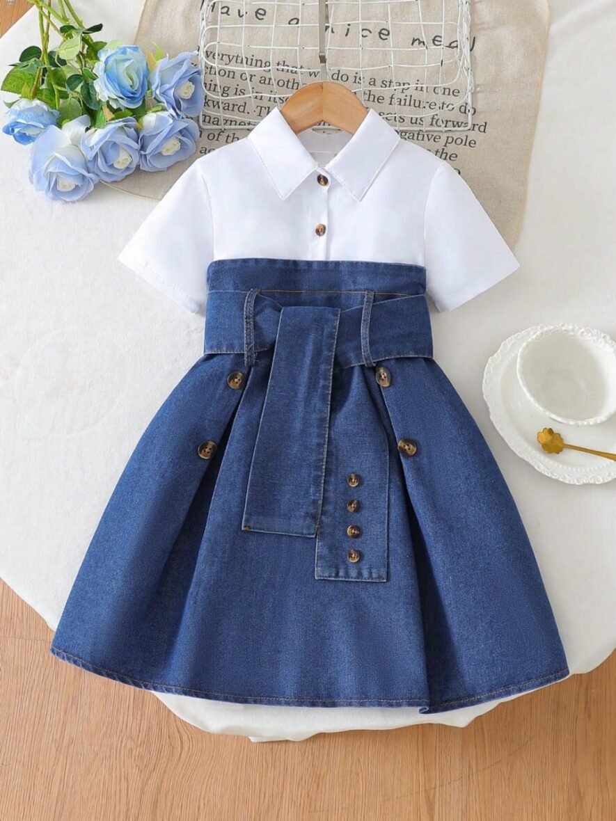 Toddler Girl Collar White Mix Denim Dress