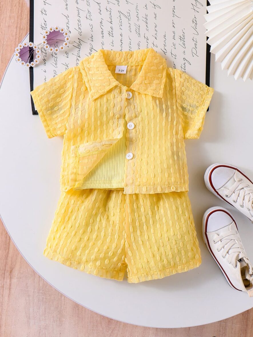 Toddler Girl Collar Yellow Shirt With Yellow Inner And Yellow Short 3pcs (1)