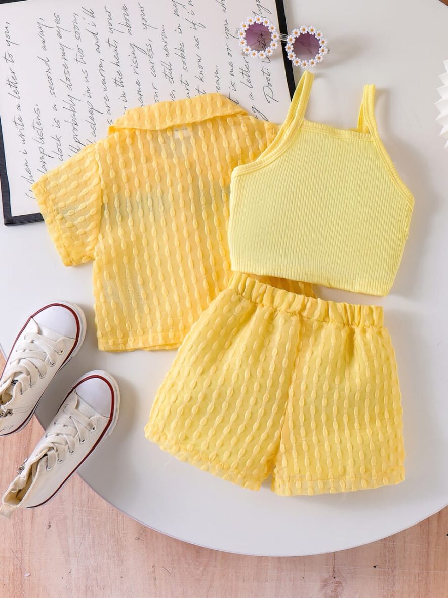 Toddler Girl Collar Yellow Shirt With Yellow Inner And Yellow Short 3pcs (2)