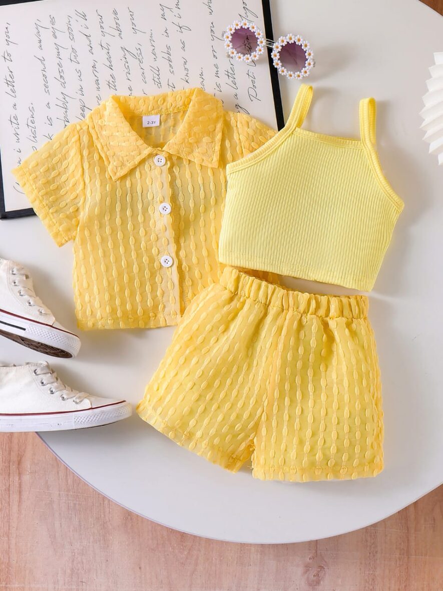 Toddler Girl Collar Yellow Shirt With Yellow Inner And Yellow Short 3pcs
