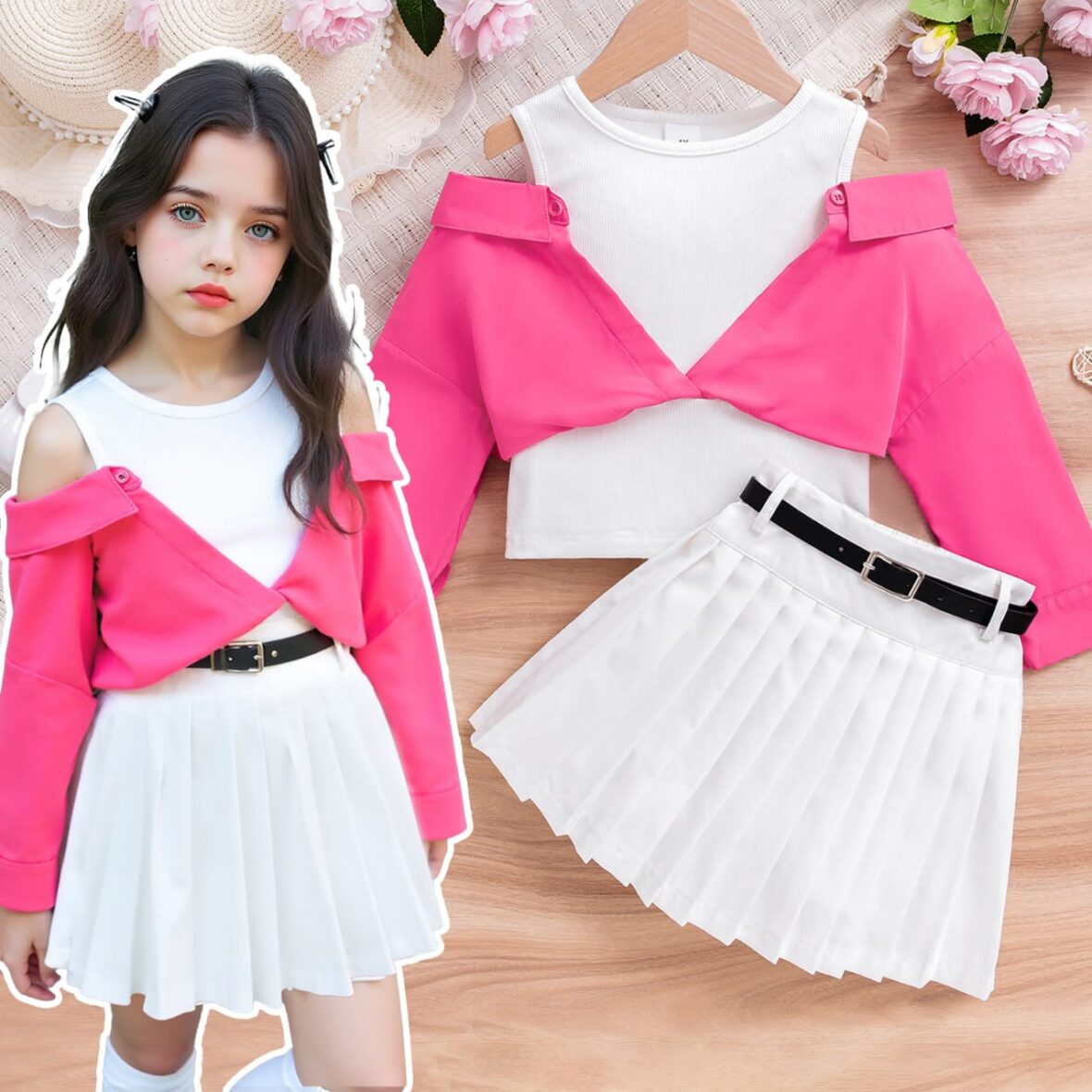 Toddler Girl Pink And White Top With Pleated Skirt With Belt
