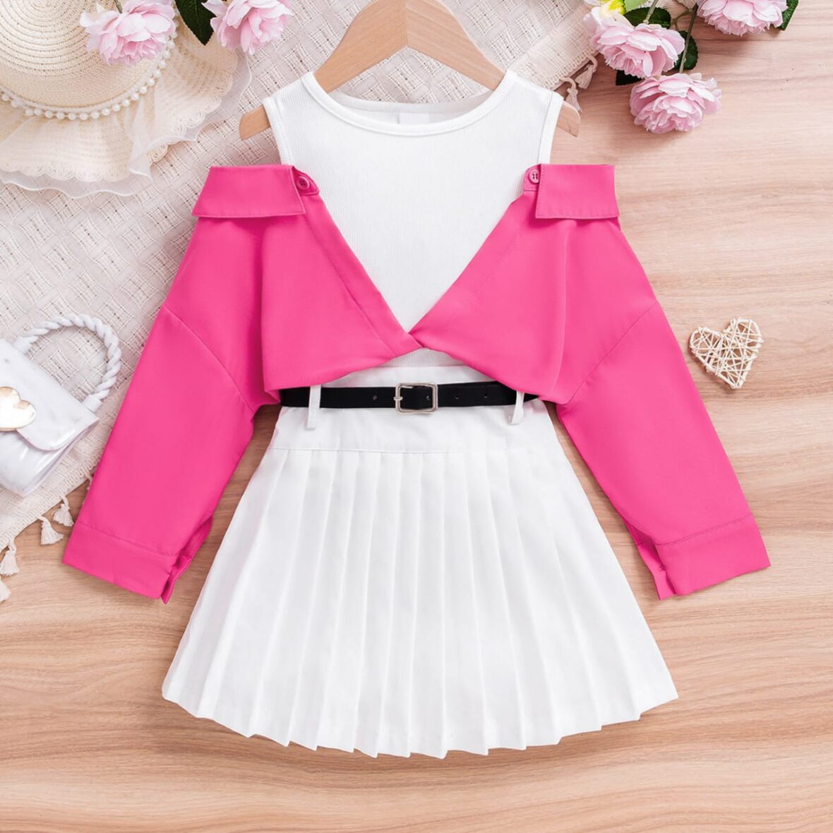 Toddler Girl PinK And White Top With Pleated Skirt With Belt (2)