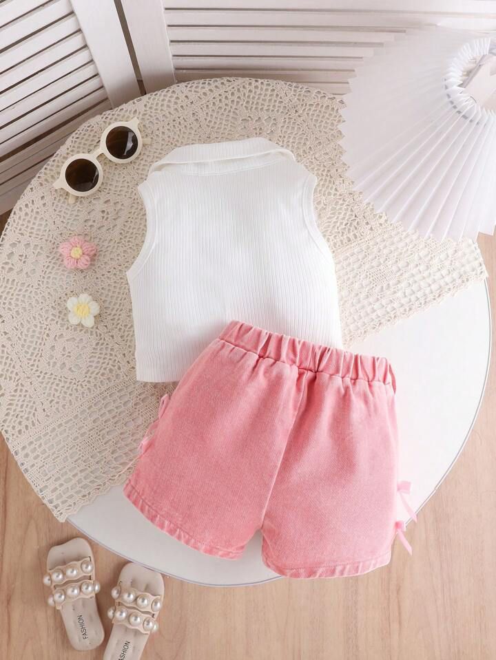 Baby Girl And Toddler Girl Collar Neck Sleeveless White Top With Pink Denim Short 2pcs (1)