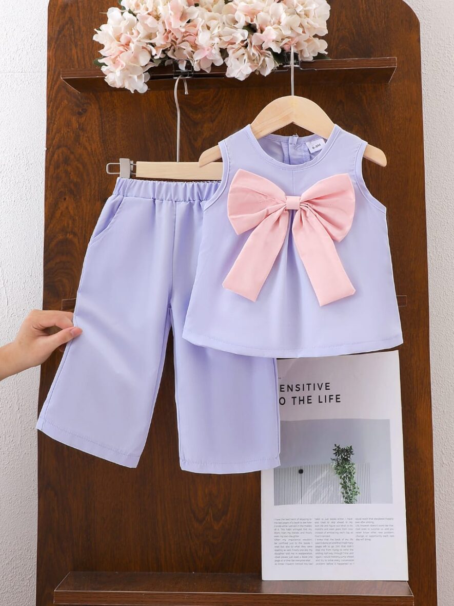 Baby Girl And Toddler Girl Lavender Outfit with Pink Bow 2pcs