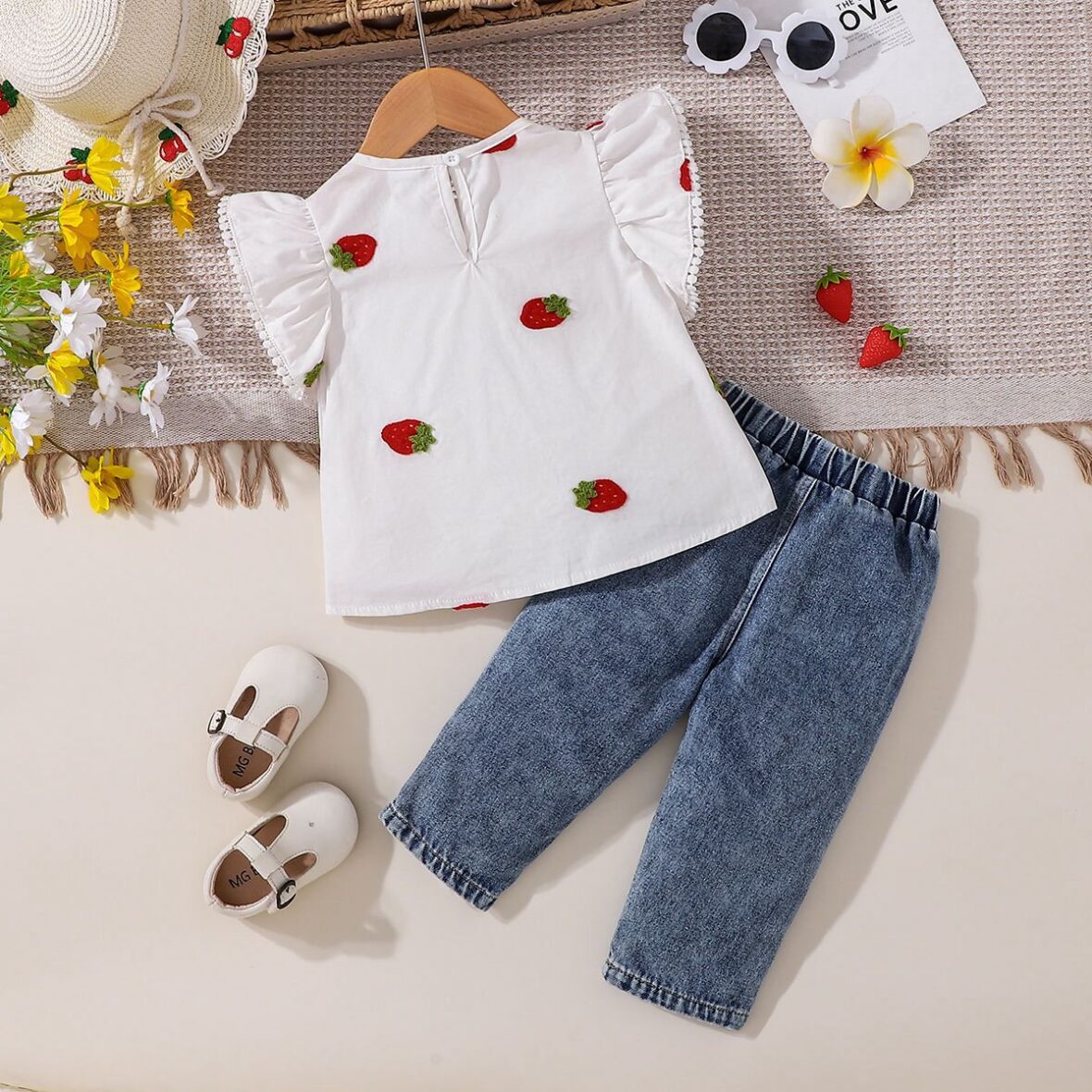 Baby Girl And Toddler Girl Strawberry Top With Denim Trouser 2pcs1