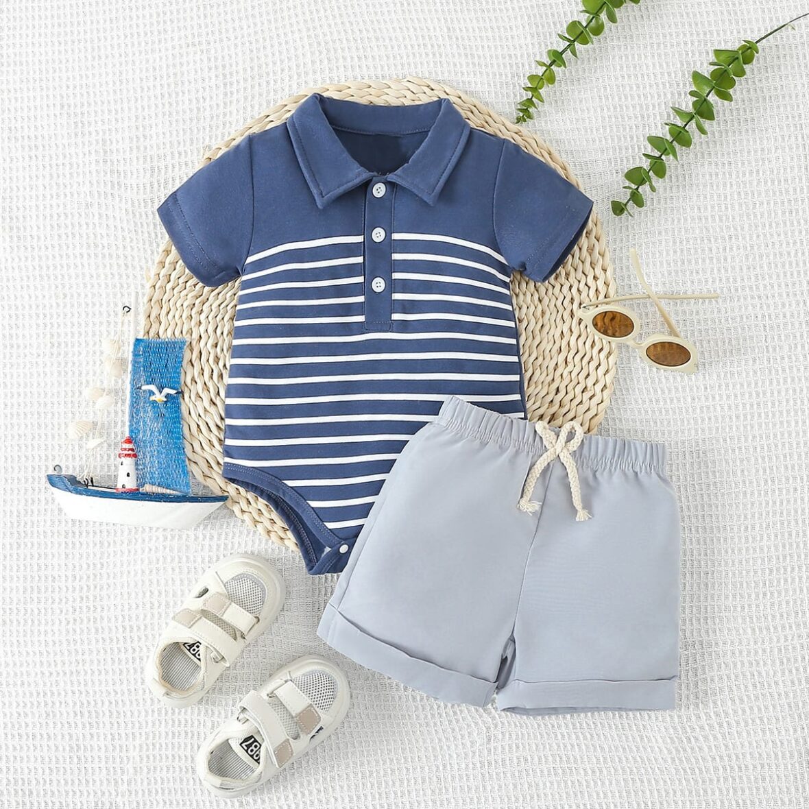 Baby Navy Striped Pin Down Collar Neck Polo With Grey Shorts 2pcs