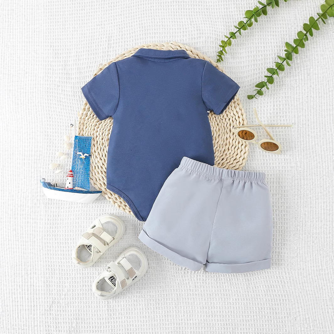 Baby Navy Striped Pin Down Collar Neck Polo With Grey Shorts 2pcs (2)