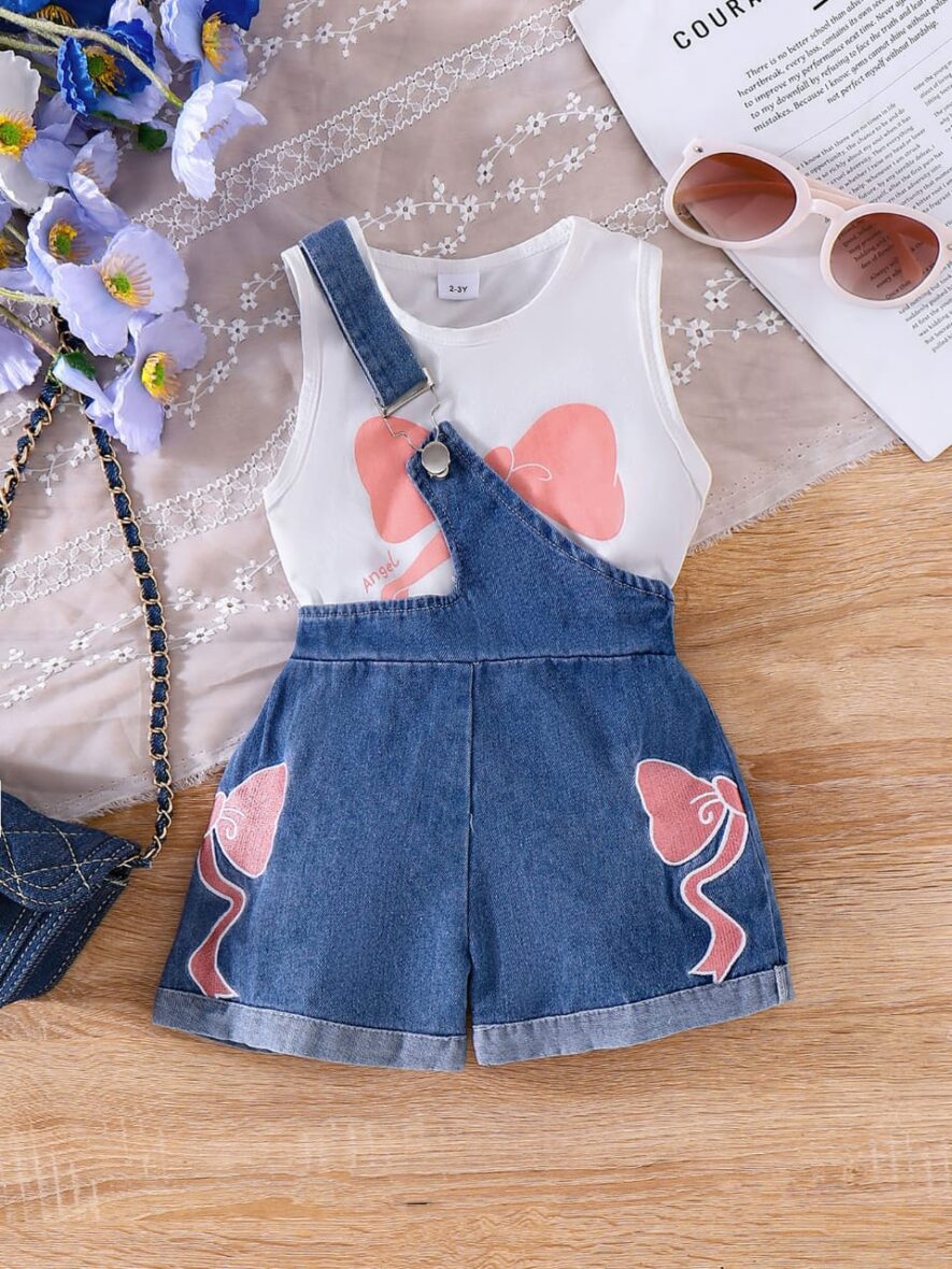 Toddler Girl Denim Dung Overall Shorts Set with Bow Print