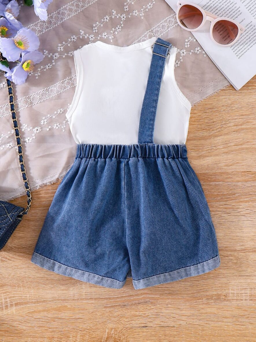 Toddler Girl Denim Overall Shorts Set with Bow Print (2)