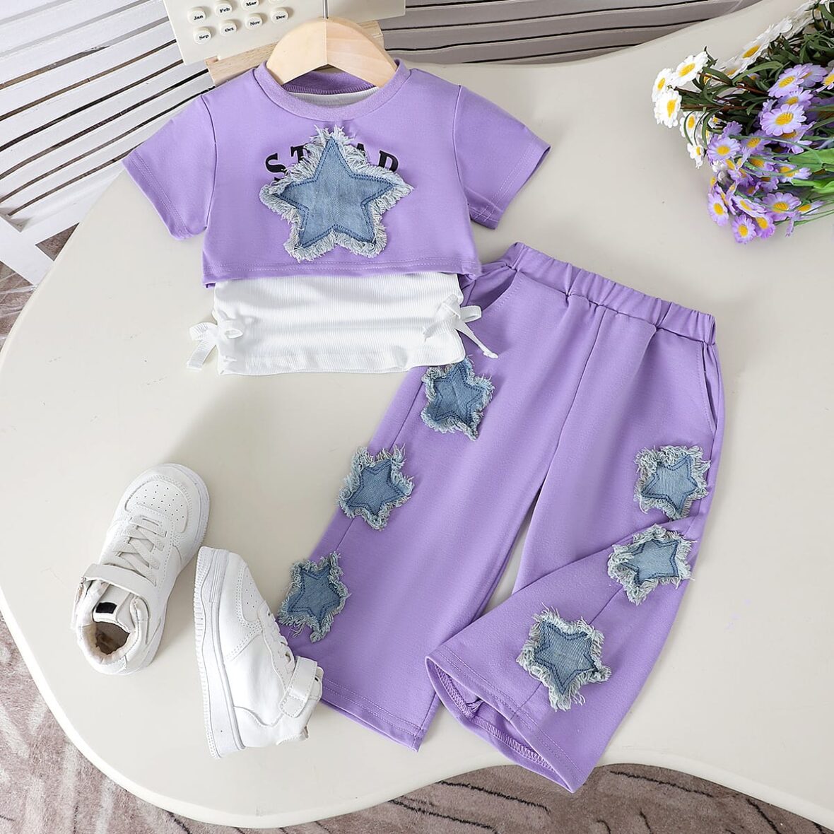 Baby and Toddler Purple Girls’ Lavender Crop Top & Star Patch Trouser Set (1)