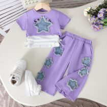 Baby and Toddler Purple Girls' Lavender Crop Top & Star Patch Trouser Set (1)