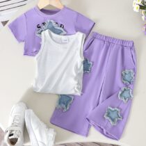 Baby and Toddler Purple Girls' Lavender Crop Top & Star Patch Trouser Set (2)