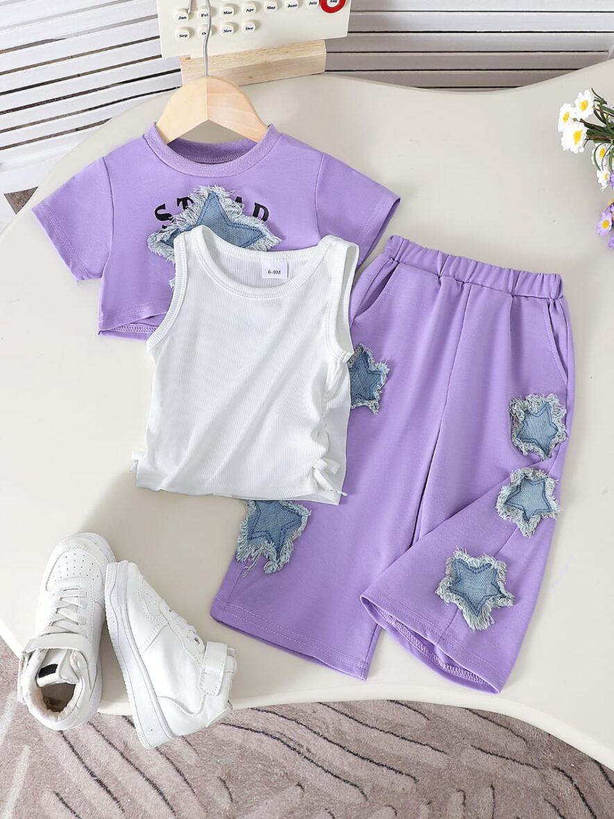 Baby and Toddler Purple Girls’ Lavender Crop Top & Star Patch Trouser Set