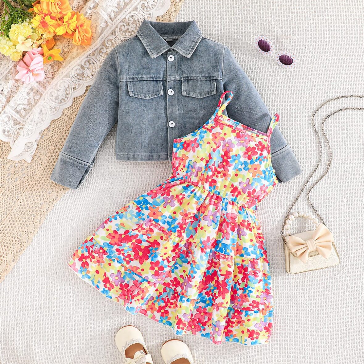 Toddler Girls’ Floral Dress with Cropped Denim Jacket 2pcs