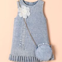 Girls' Sleeveless Denim Dress with White Flower & Matching Purse (2)