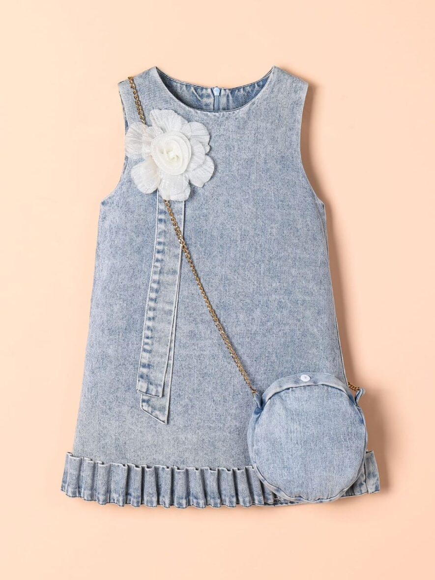 Toddler Girls’ Sleeveless Denim Dress with White Flower & Matching Purse