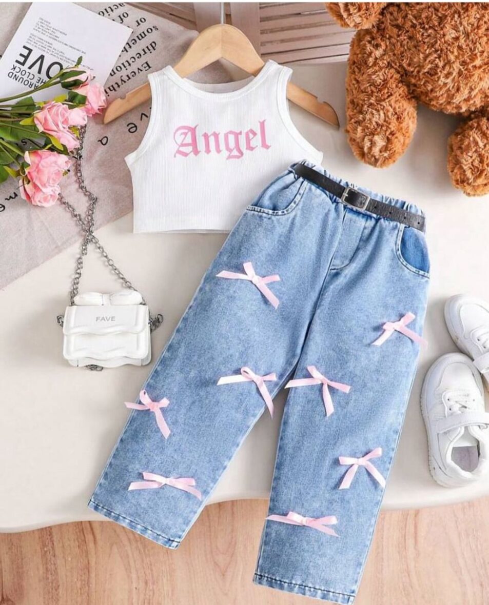 Toddler Girl Sleeveless Angel White Top With Denim Bow Trouser 2pcs