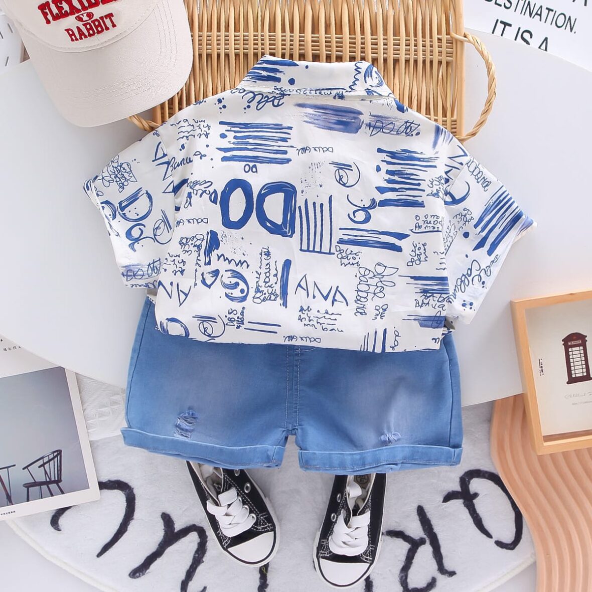 Toddler Baby Boys’ Stylish Printed Shirt & Denim Shorts Set 2pcs (1)