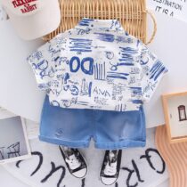 Toddler Baby Boys' Stylish Printed Shirt & Denim Shorts Set 2pcs (1)