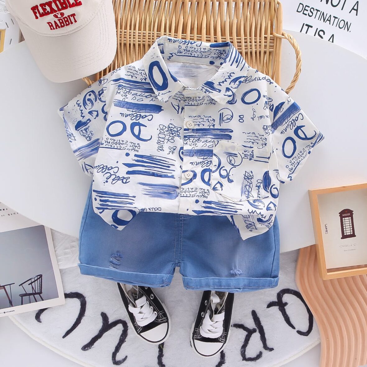 Toddler Baby Boys’ Stylish Printed Shirt & Denim Shorts Set 2pcs