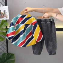 Toddler Boys' Colourful Striped Shirt & Black Denim Trouser 2pcs (1)