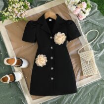 Toddler Girls' Black Puff Sleeve Dress with Floral Appliqué
