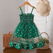 Toddler Girls' Green Floral Smocked Dress with Sheer Embroidered
