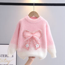 Toddler Girls' Pink & White Fuzzy Sweater with Lace Bow