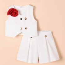 Toddler Girls' White Sleeveless Vest & Shorts Set – Gold Button Detail with Red Flower Accent (1)