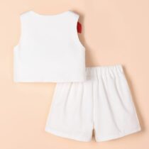 Toddler Girls' White Sleeveless Vest & Shorts Set – Gold Button Detail with Red Flower Accent