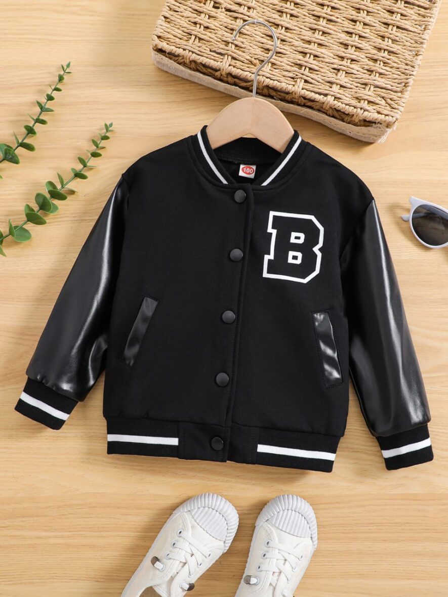 Toddler Unisex B Black Varsity Leather Sleeve Jacket