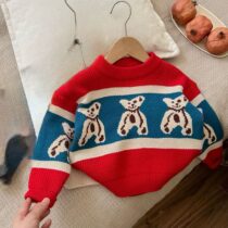 Toddler Unisex Red And Blue Teddy Bear Knit Sweater