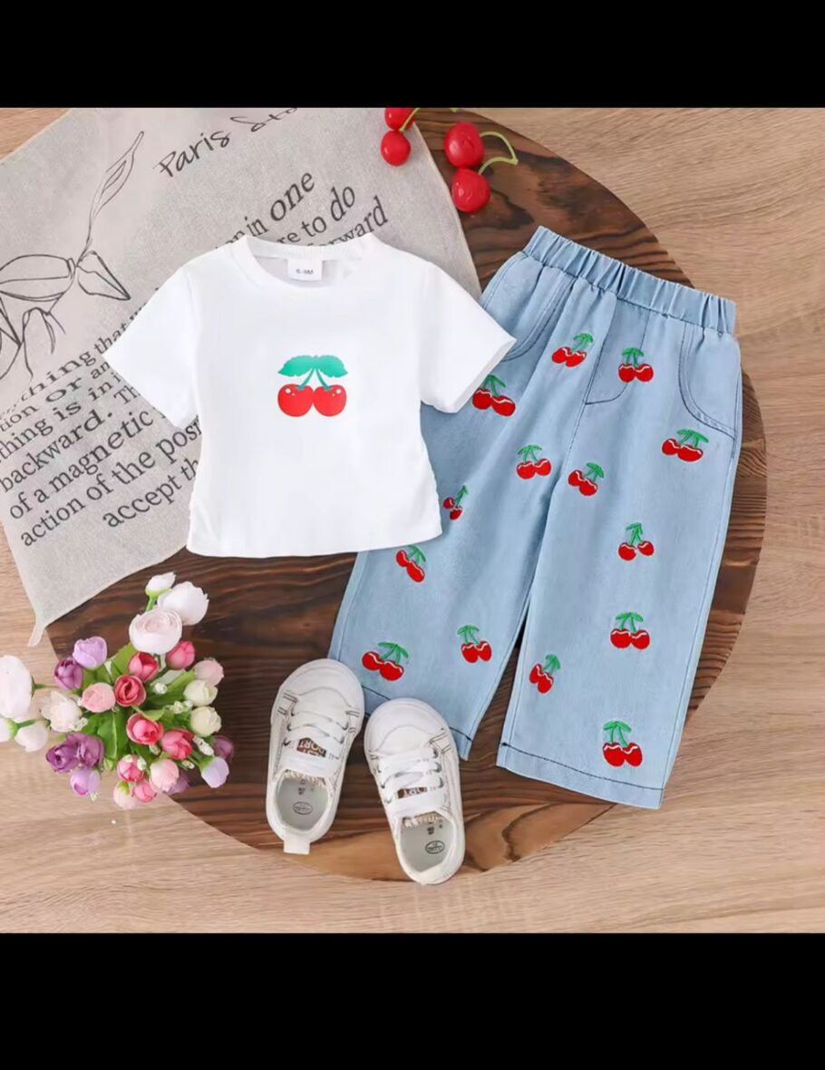 Baby And Toddler Girls’ Cherry Print T-Shirt & Denim Jean Pant Set 2pcs