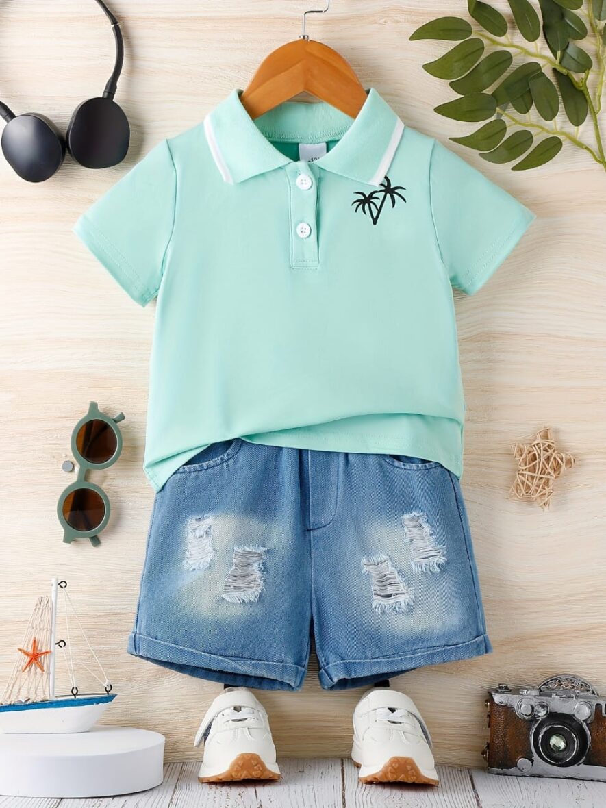 Baby Boy And Toddler Boy Palm Collar Neck Teal Polo With Patched Denim Short 2pcs