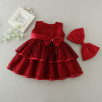 Baby And Toddler Girl Breaded Bow Step Red Laced Dress