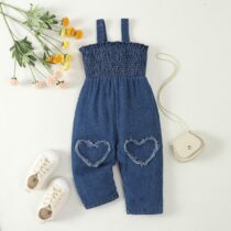 Baby And Toddler Girls Denim Strap Jumpsuit Smocked Casual Overalls