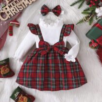 Baby And Toddlers Girl Red Bow Plaid Dress With Head Band