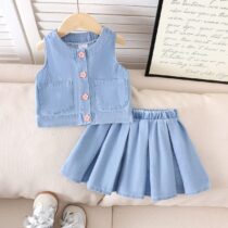 Baby And Toddlers Girl SLeeveless Denim On Denim Pleated Skirt 2pcs