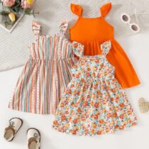 Baby And Toddlers Girls Flutter Sleeve Dress 3-Pack – Orange, Striped & Floral Summer Outfits