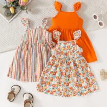 Baby And Toddlers Girls Flutter Sleeve Dress 3-Pack – Orange, Striped & Floral Summer Outfits