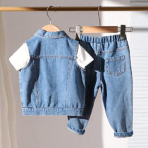 Baby And Toddlers Unisex Denim Jacket, White Inner Tee With Patched Trouser 3pcs