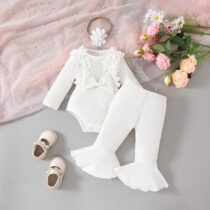 Baby Girl Floral Bow Ribbed Jumpsuit & Flared Pants Set