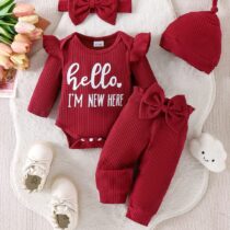 Baby Girl Hello I'M New Here Pin Top With Red Trouser 2pcs