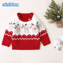 Baby Unisex Red Christmas Reindeer Snowflake Knit Sweater, Sweat Top