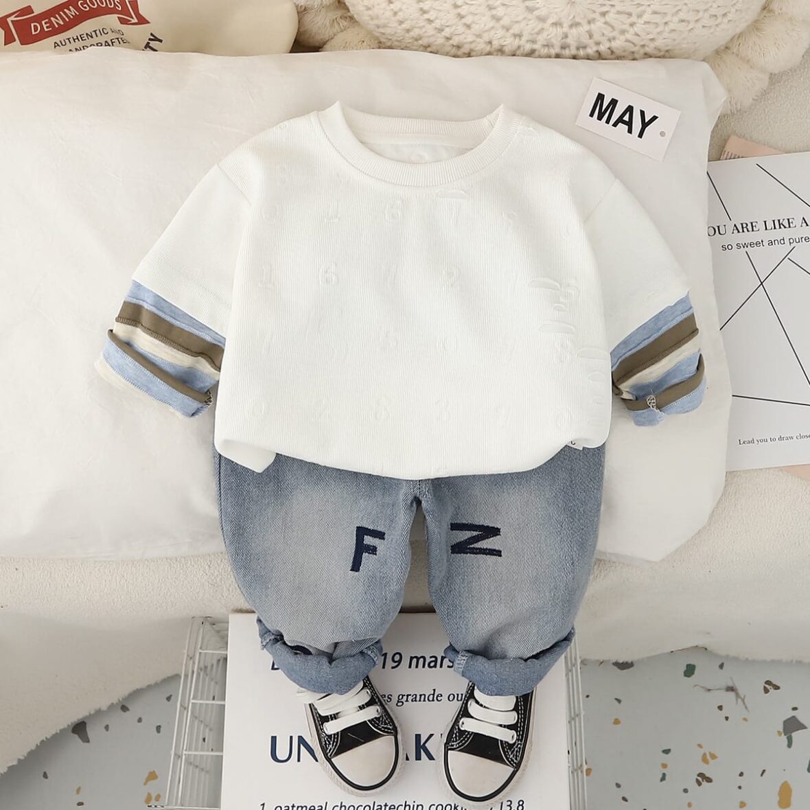 Kids And Toddlers Boys Round Neck Long Sleeve Tee And Denim Trouser 2pcs